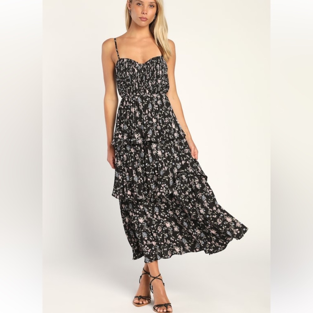 Cascading Crush Black Floral Print Tiered
Bustier Midi Dress